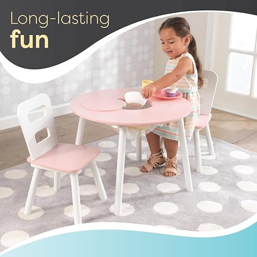 Miniatura 6 de KidKraft Juego de mesa redonda de madera y 2 sillas con almacenamiento de malla central color rosa y blanco