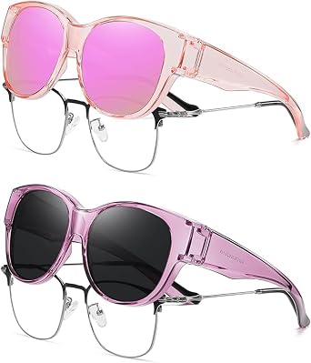 HAOLOTA ClearPink+ClearPurpleGrey Fit Over Glasses Sunglasses for Women Polarized, Trendy Cat Eye Sunglasses Wear Over Glasses, UV Protection