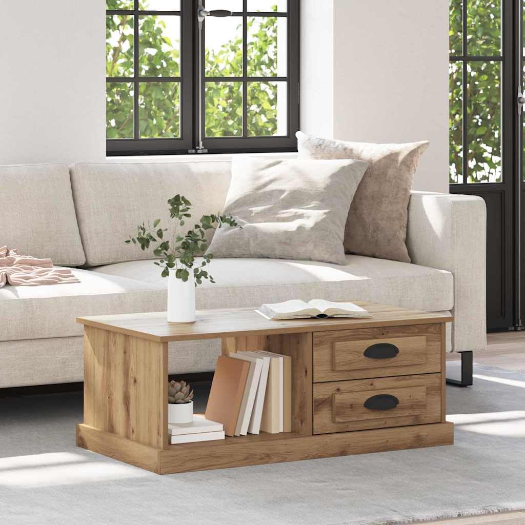 Tavolino da salotto in rovere Artisan, 90 x 50 x 35 cm, con 2 cassetti e ripiano, tavolino moderno per soggiorno, salotto, ufficio, ripostiglio, design, durevole, facile da montare