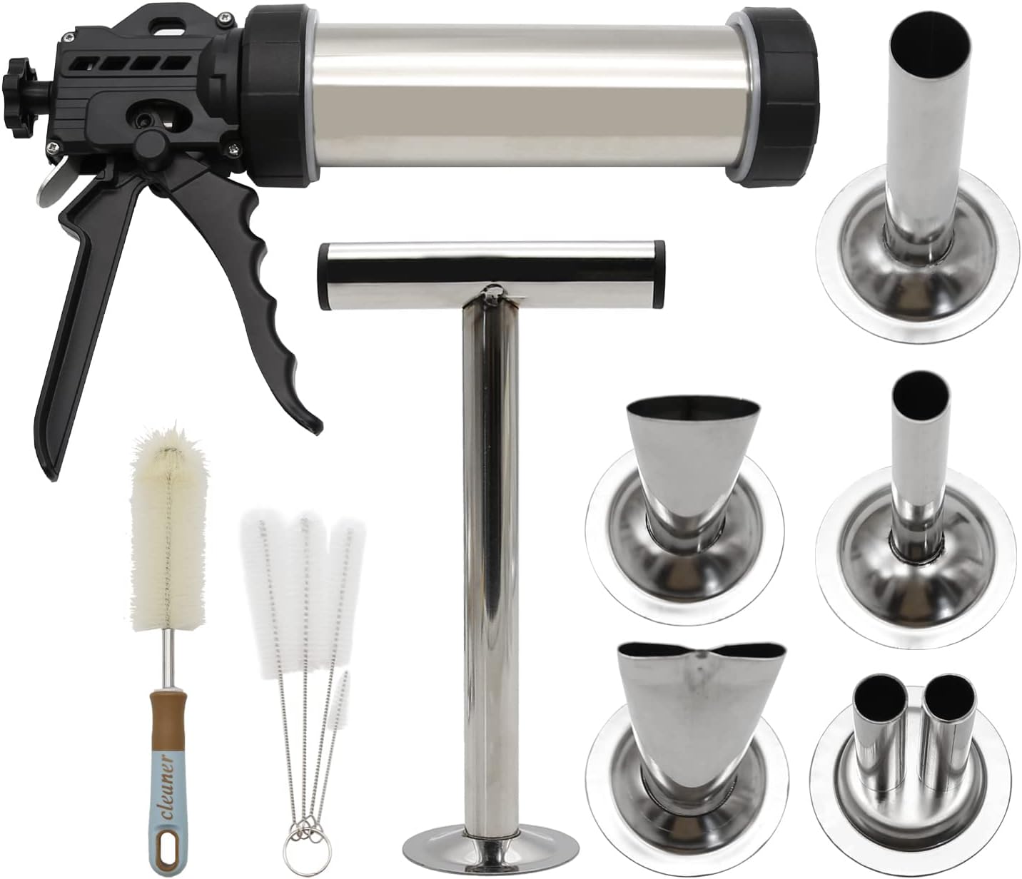 Stainless Steel Jerky Gun Sausage Maker Sausage Stuffer Handmade Beef Jerky Gun with 5 Stainless Nozzles Meat Pusher Cleaning Brushes Kit