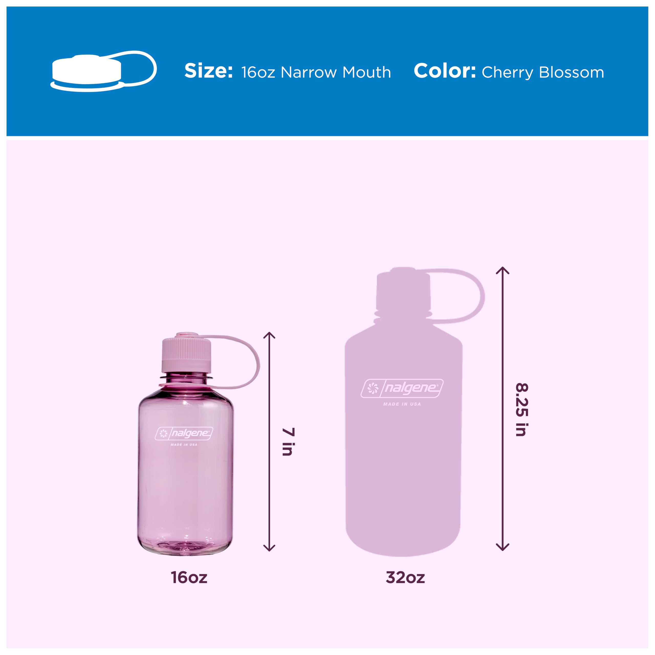 Nalgene Sustain Butelka na wodę z tritanu, bez BPA, wykonana z materiału pochodzącego w 50% z tworzywa sztucznego, 473 ml, wąski otwór, kwiat wiśni