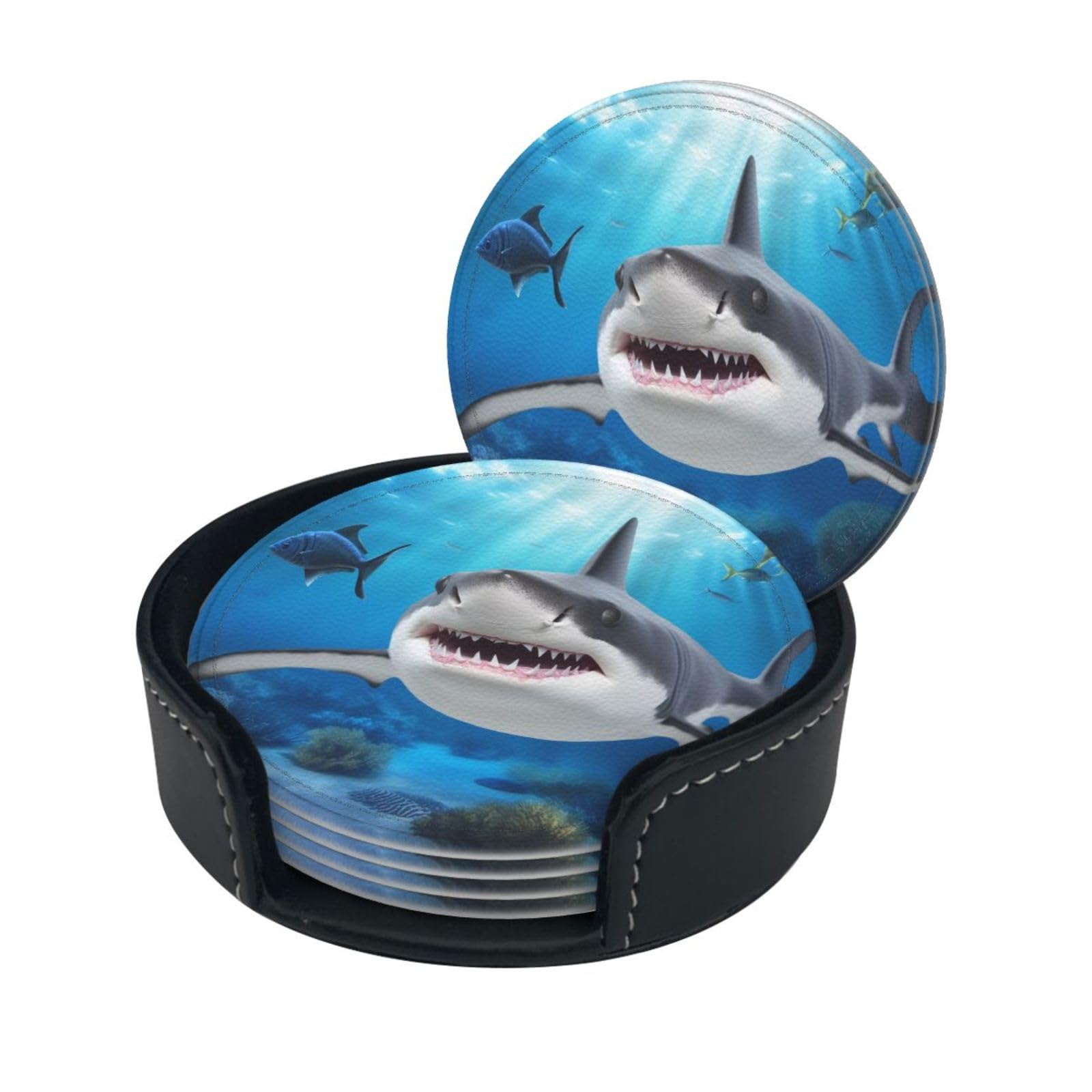 Smazdfxx Women's As Pic Stylish Coasters - Shark Ocean Theme Set Of 6 Round Leather Drink Coasters With Holder - Perfect Size For Cups And Glasses