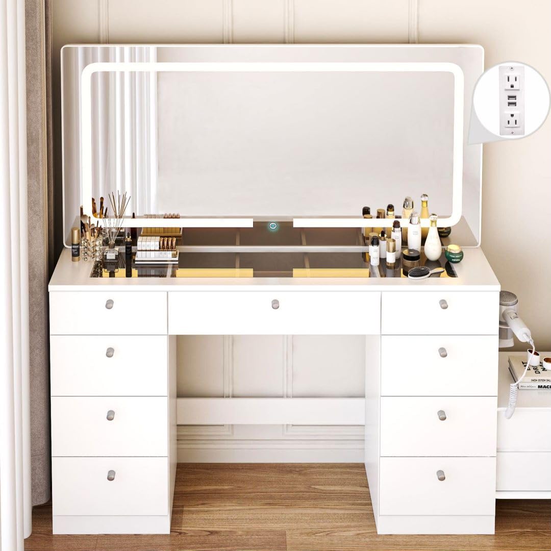 Glass Top Makeup with with Power Outlet, Makeup Furniture with Multiple Storage Space & LED Lights, 3 Lighting Modes Adjustable Brightness for Dressing Room,White (mirror is cracked)
