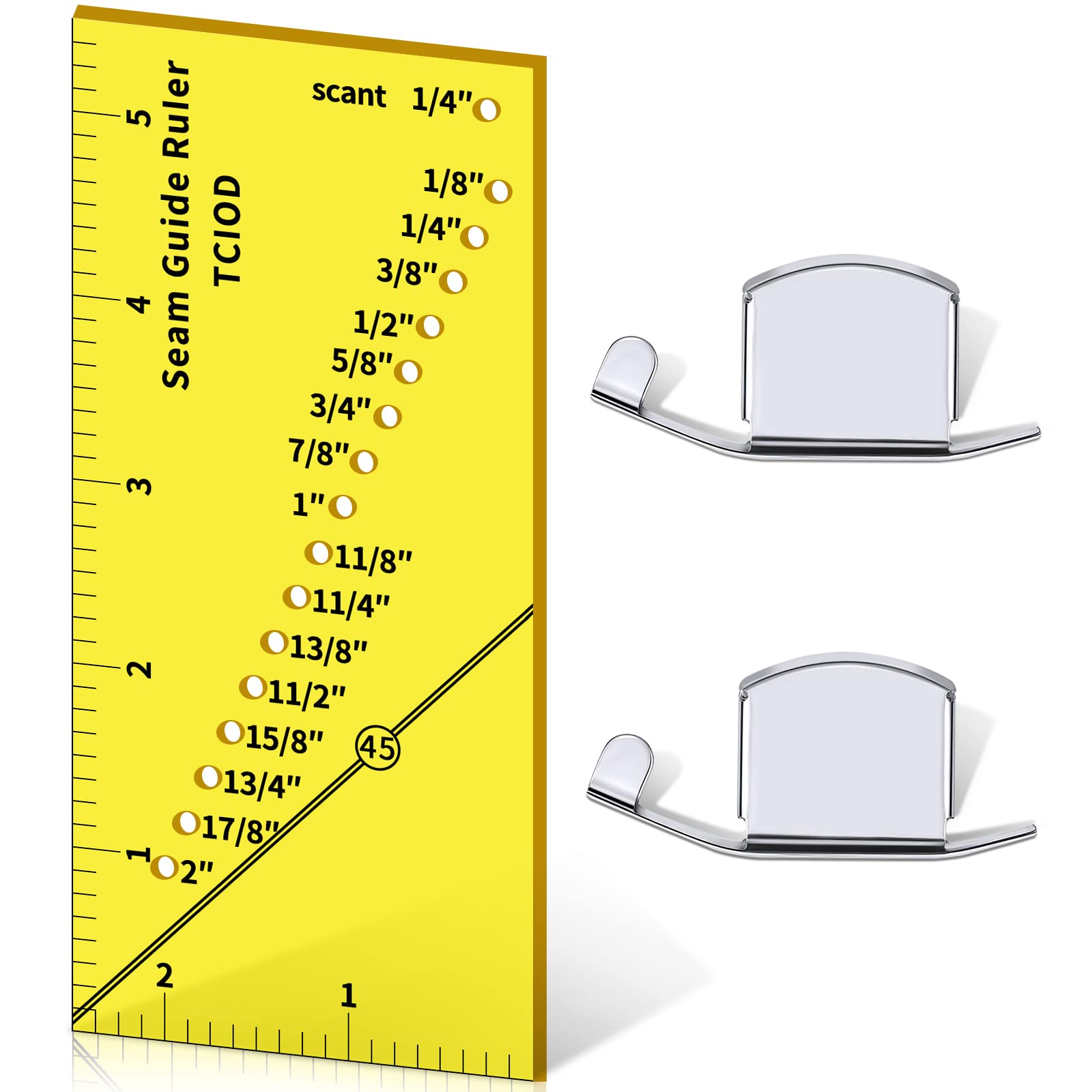 Seam Allowance Ruler and 2 Magnetic Seam Guide for Sewing Machine, 1/8” to 2” Straight Line Hems Sewing Ruler Yellow Acrylic Seam Guide Ruler for Sewing Gauge on Quilts, Apparel and Caps