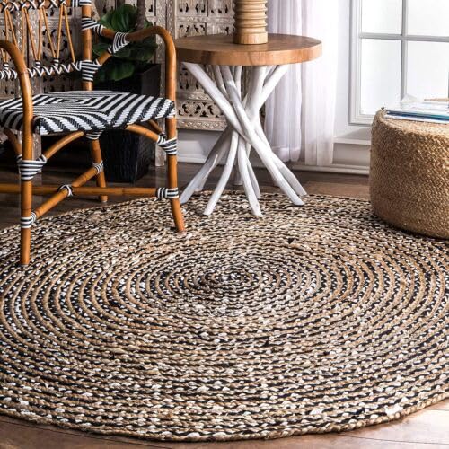 Aizza Trends Handmade Hand Braided Black & White Cotton with Jute Round Rugs - Home Décor Carpet- 3 x 3 Feet Round (90 cm x 90 cm)