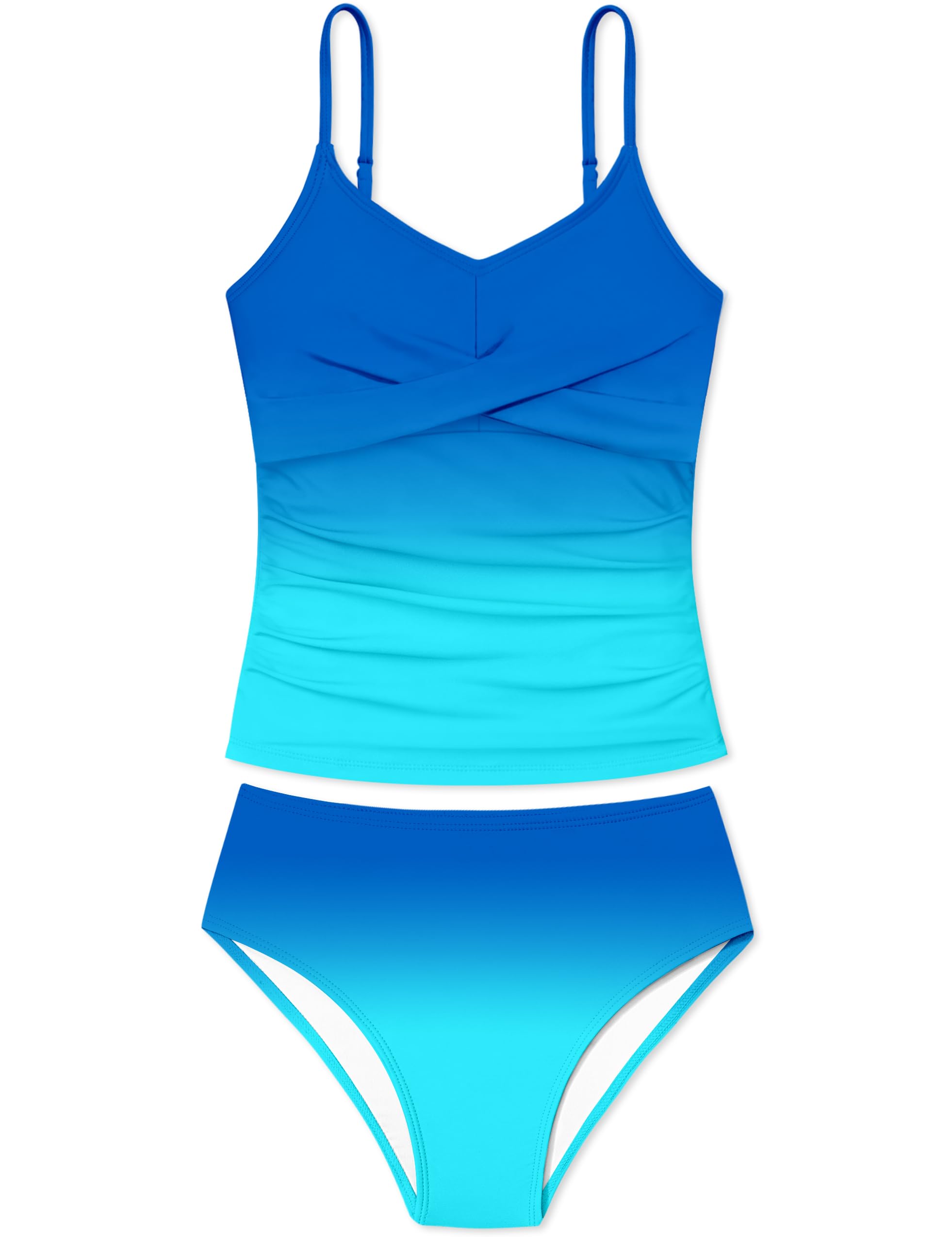 Girls Swimsuit 2 Piece Bathing Suit Criss Cross Ruched Girl Tankini Sets Printed Girls' Swimwear for 9-18 Years