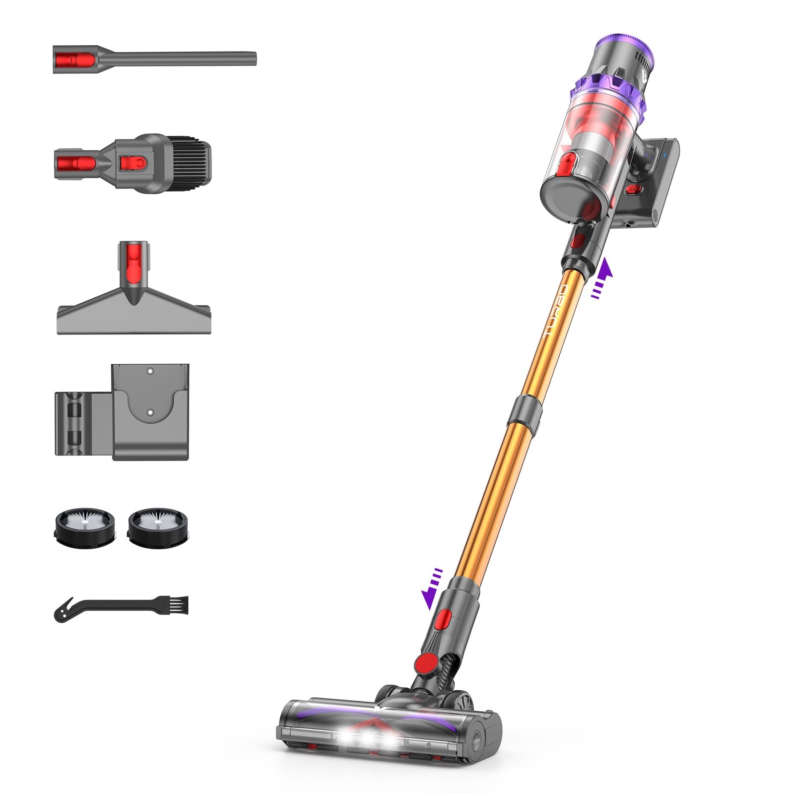 Aspiradora inalámbrica Coovy SU7 de 580 W, 45 kPa, 75 minutos de autonomía, con pantalla táctil, antienredos, potente y ligera, ideal para el hogar, pelo de mascotas, alfombras, madera dura, color dorado