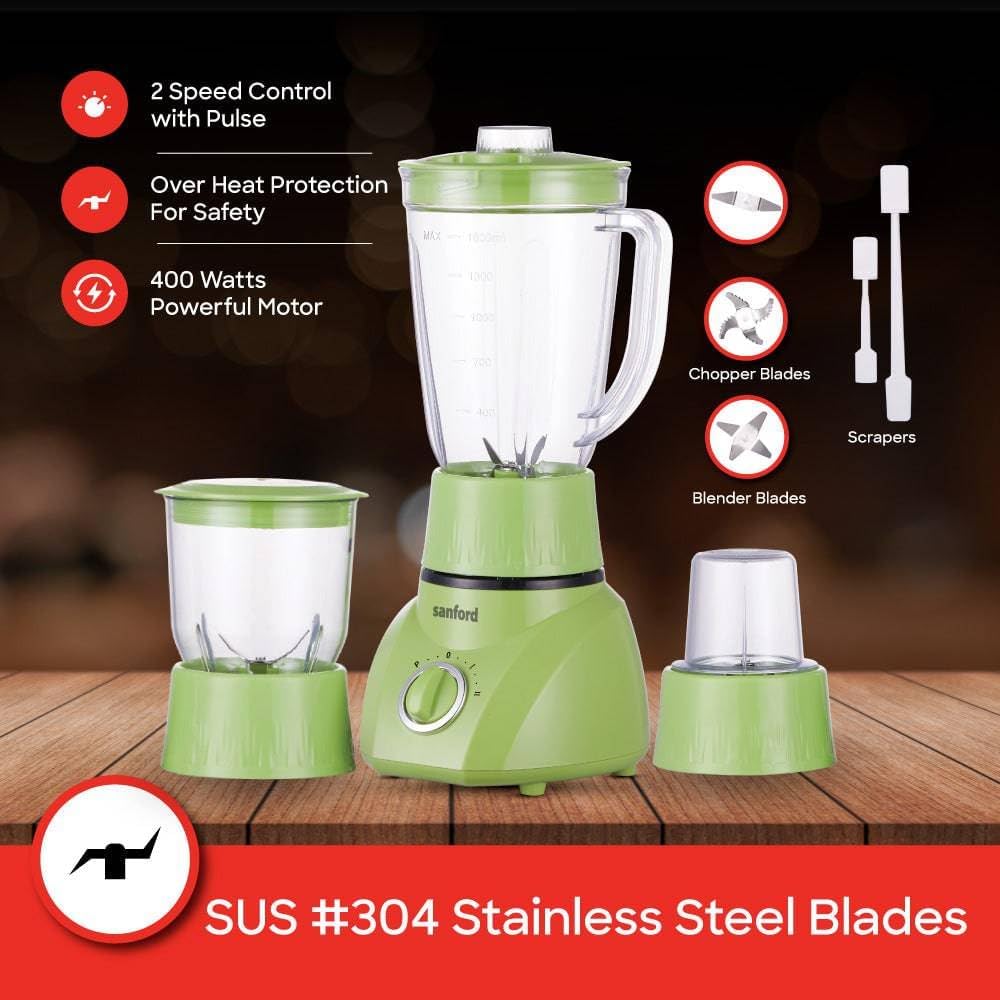 Sanford SF5525BR blender in green, highlighting features: 2 Speed Control with Pulse, Over Heat Protection For Safety, 400 Watts Powerful Motor, SUS #304 Stainless Steel Blades.