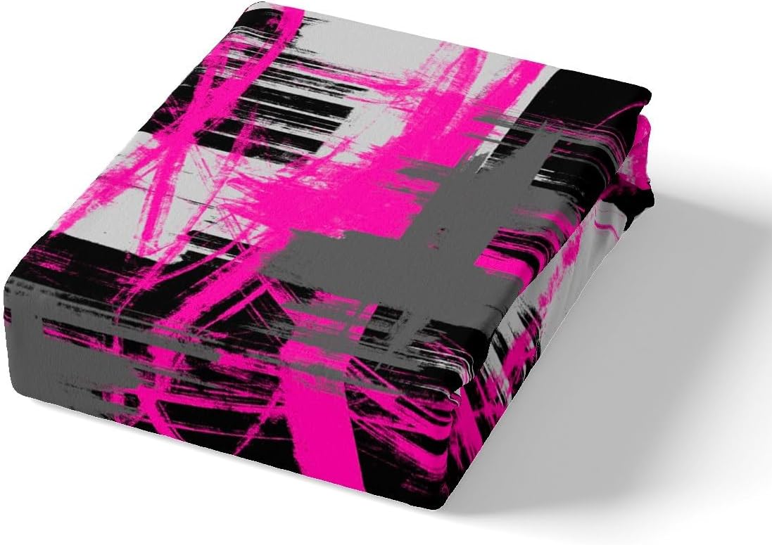 Feelyou Hot Pink Black Grey Bedding Set Twin Size Kids Abstract Art Comforter Cover Set for Boys Teens Modern Striped Art Duvet Cover Breathable Geometric Bedspread Cover Room Decor Quilt Cover