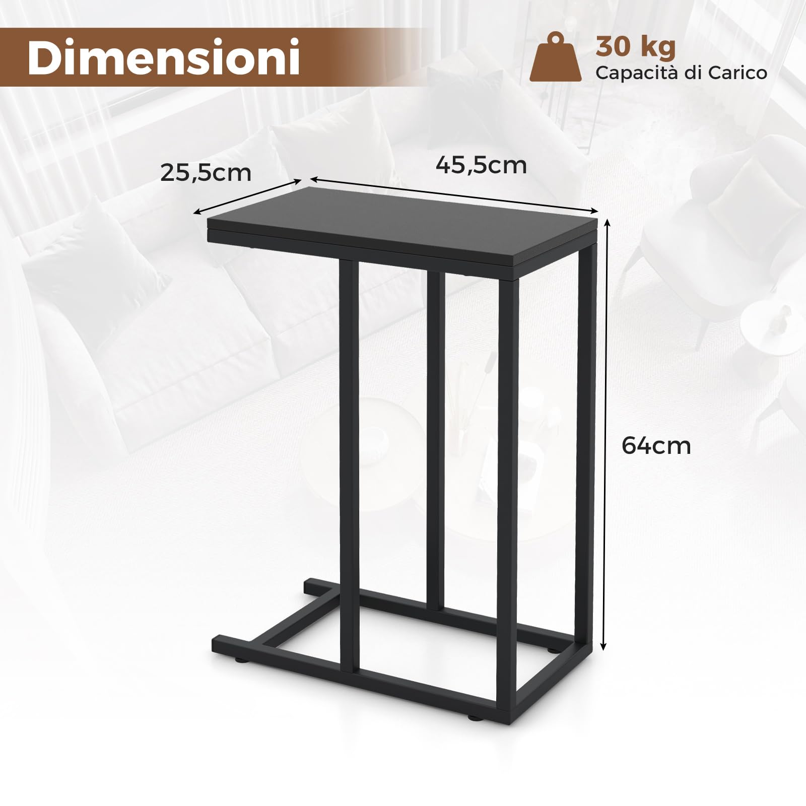 COSTWAY Tavolino a Forma di C per Divano e Letto, Tavolino Basso con Struttura in Metallo, Tavolino da Salotto e Camera da Letto, 45,5 x 25,5 x 64 cm (Nero)