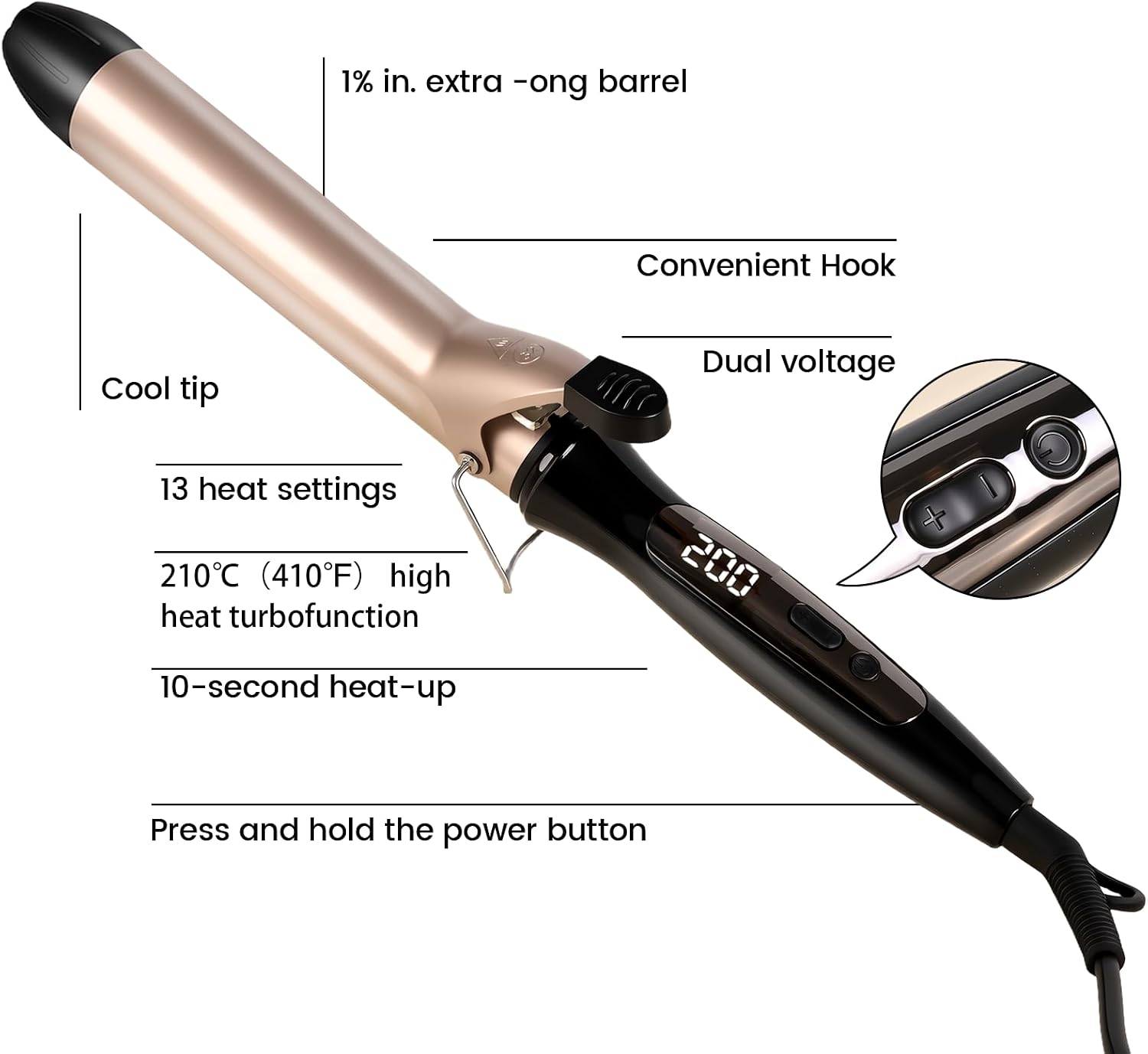 Curling Iron1.25 Inch • Long Barrel Styler,Moisturizing Heating,up to 210℃（210℃＝410℉） Verstatile Curling Wand,Women Long Barrel Curling Wand for Long Hair,Anti Scald,Ceramic Hair Curler