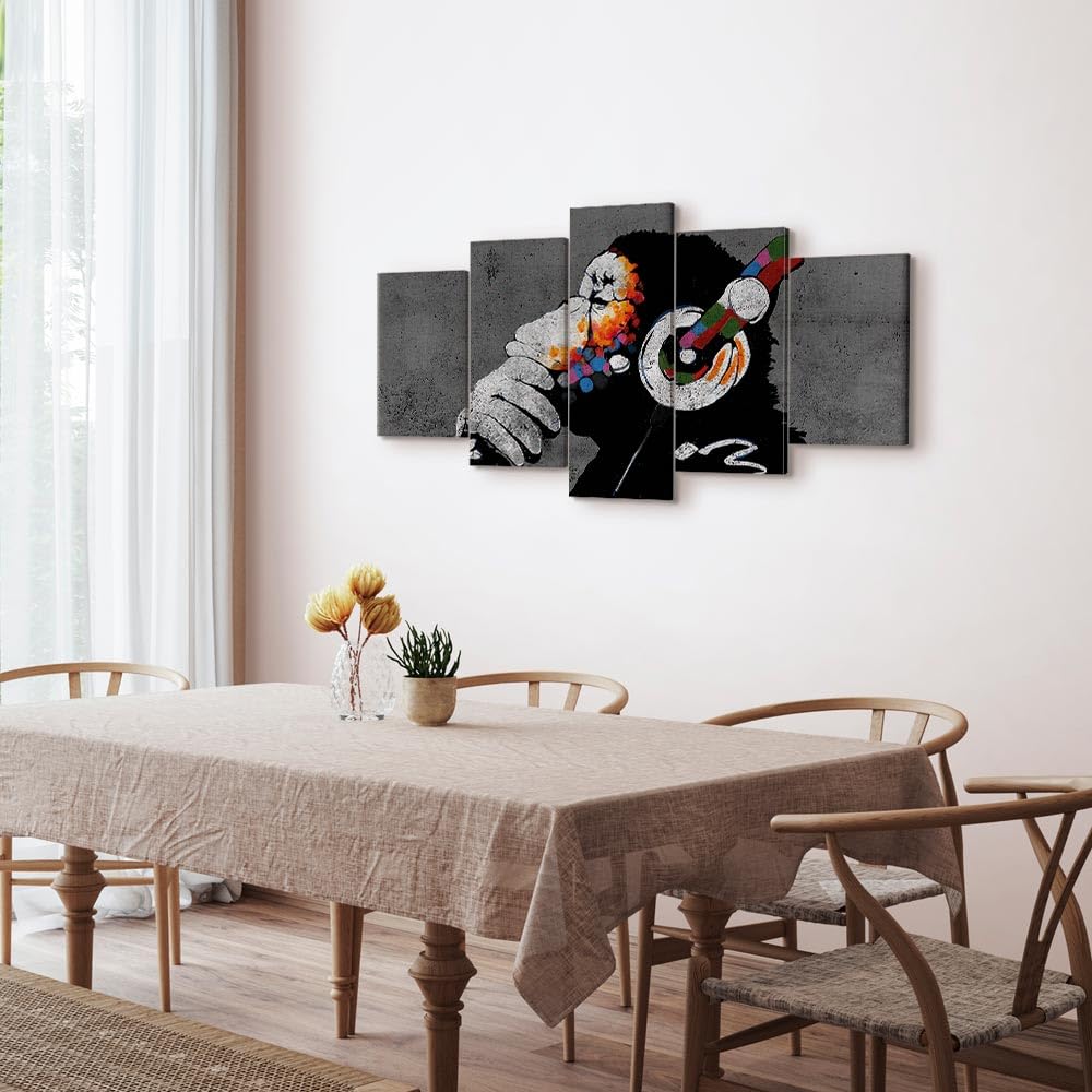 murando Cuadro en Lienzo DJ Mono 200x100 cm 5 partes Impresión en Material Tejido no Tejido Impresión Artística Imagen Gráfica Decoracion de Pared Banksy Animales Concreto Musica g-A-0288-b-m
