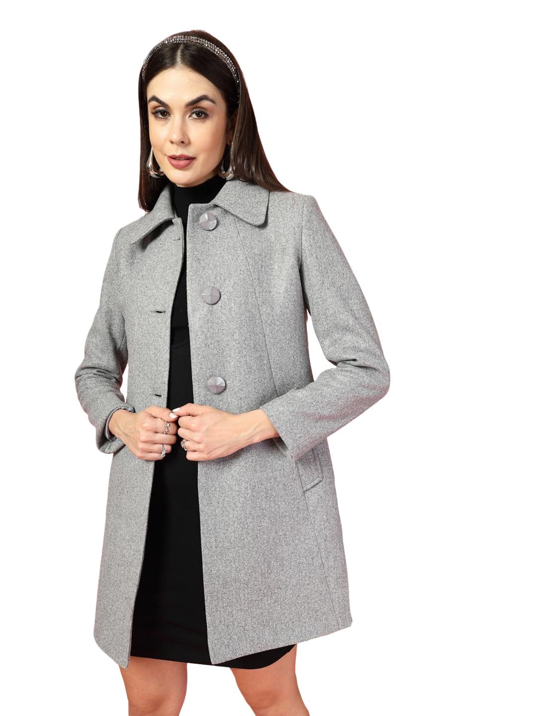 CHKOKKO Women Polyester Classic Winter Long Coat Single Breasted,Knee Length Design with a Sophisticated Spread Collar & Practical Front Pockets for Formal Attire CHKOKKO Women Polyester Classic Winter Long Coat Single Breasted,Knee Length Design with a Sophisticated Spread Collar & Practical Front Pockets for Formal Attire