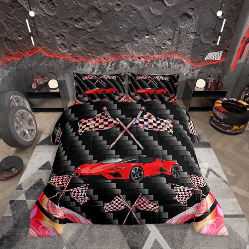 jejeloiu Juego de ropa de cama con diseño de coche de carreras rojas, tamaño individual, juego de edredón de deportes extremos para niños, adolescentes y adultos, juego de edredón de bandera