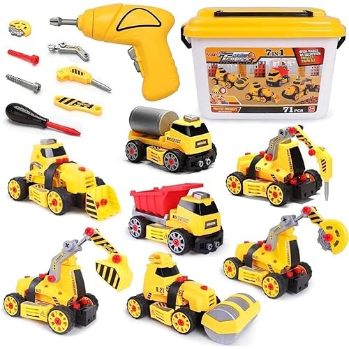 7 in 1 Take Apart Toys with Electric Drill Take Apart Truck Toys Construction Set DIY Engineering Building Toy Push Go STEM Toy Gift for Boys Toys Ages 4-7 Years Old
