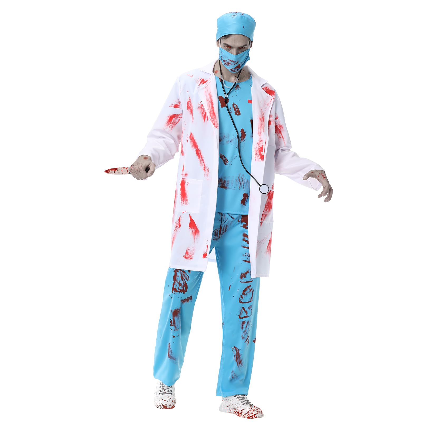 Kostium medyczny zombie dla mężczyzn, zestaw kostium chirurga horror kostium medyczny na Halloween dla mężczyzn w szlafroku, czapka lekarza, maska lekarza, top, spodnie i stetoskop