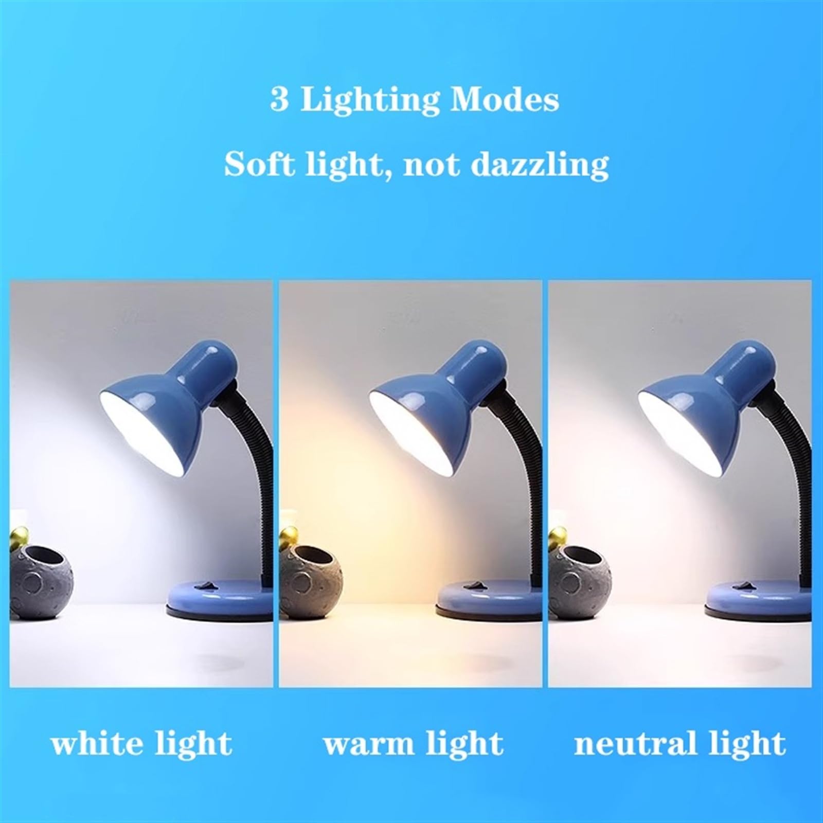 Lampe de Bureau Lampe de bureau, lampe de bureau LED de protection des yeux, lampe de lecture enfichable avec tête de lampe E27 et tuyau de réglage universel, 3 modes d'éclairage, interrupteur à bouto