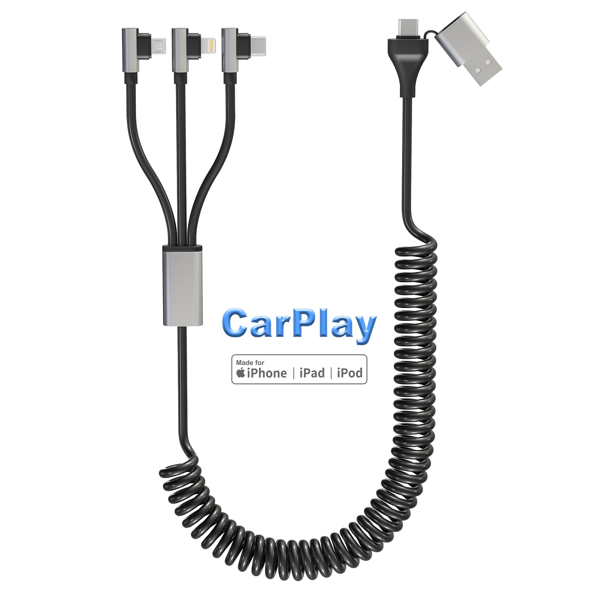 Bawanfa90 Degree Coiled USB C Cable 3-in-2 Multi Charging Cable