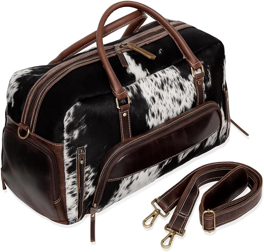 Leather Duffel Bag for Men & Women, Genuine Weekender Travel Bag, Handmade Overnight Gym Bag with Shoulder Strap, Carry-On for Business & Outdoor Travel (Yukon Hair Duffel, Black & White, 22 Inch)