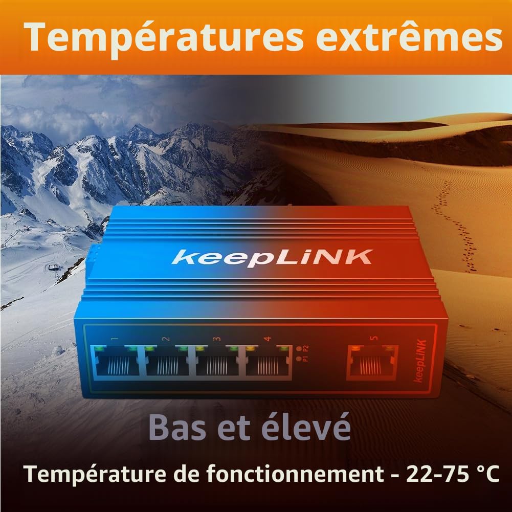Commutateur PoE pour réseau Industriel Non géré 5 Ports, DIN Rail Mount Fast Ethernet 125 W, température opérationnelle IP40 -30° à 75°C (-22° à 167°F)