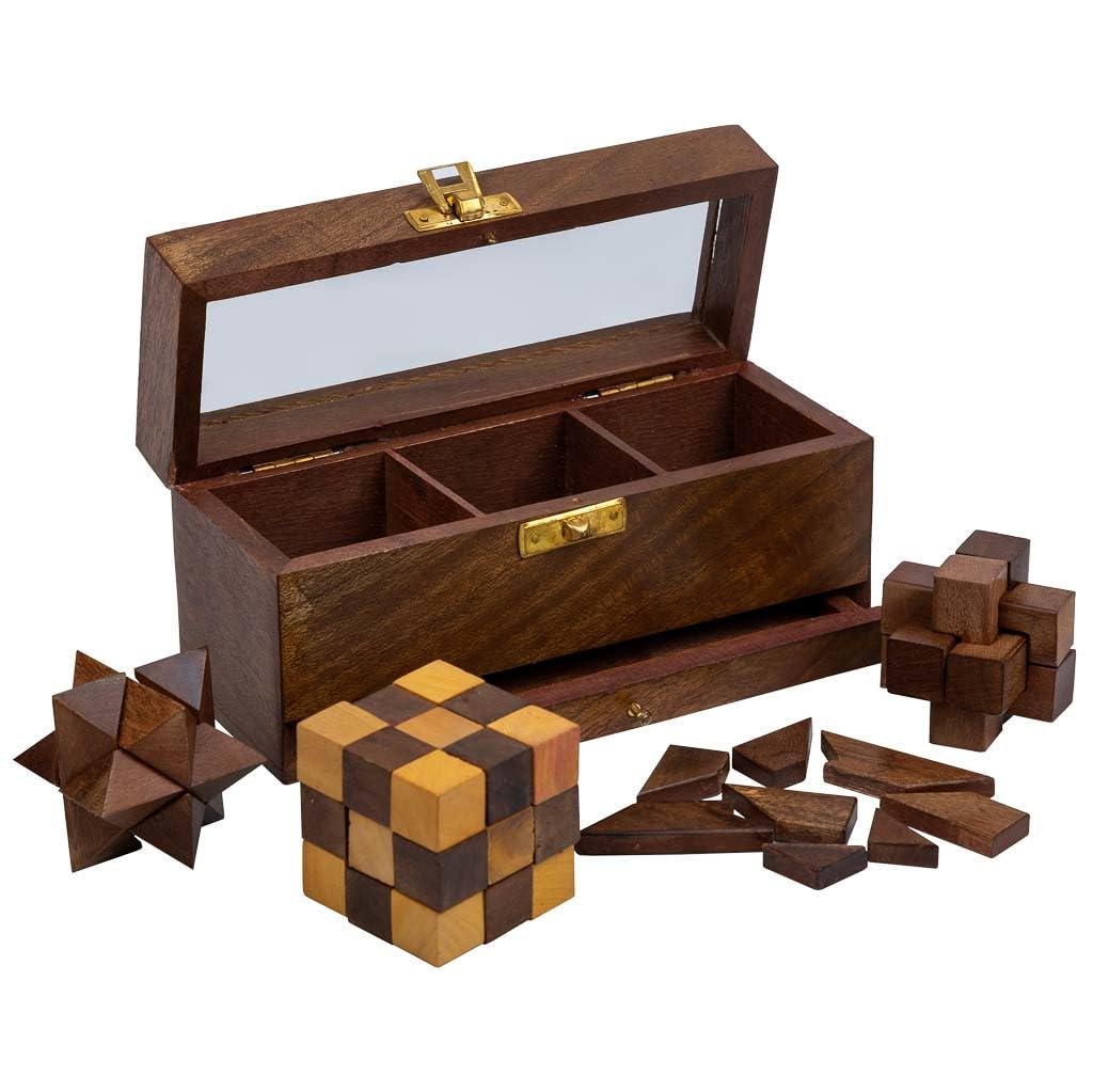 Puzzle en bois marron adulte et enfant - Juego de 4 rompecabezas avec boîte