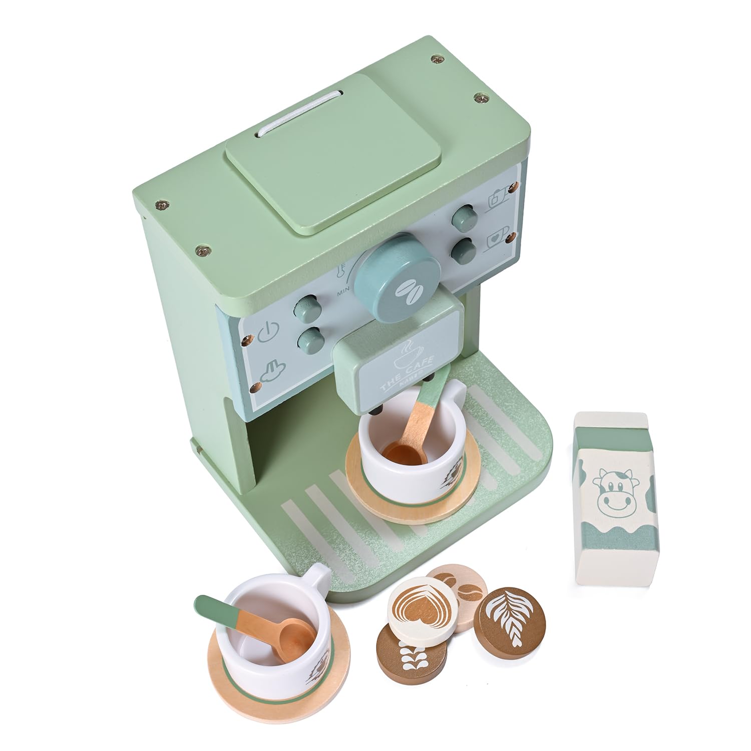 Donmills Green Coffee Maker Toddler fingere di giocare accessori da cucina | Giocattoli in legno per bambini Macchina per caffè espresso Playset Montessori Cucina Giocattolo Regalo per Ragazze e Ragazzi