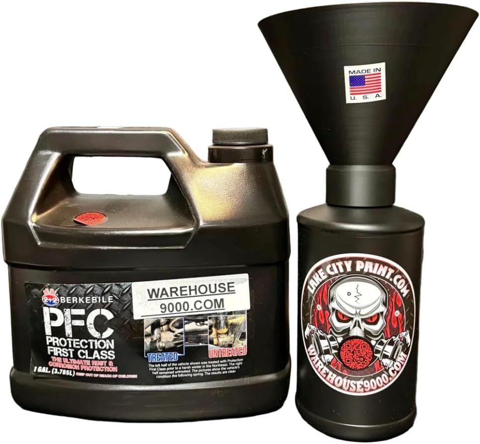 Berkebile PFC Amber Gallon + Threaded Funnel Kit – Quart Bottle Included | No Mess Undercoating Setup