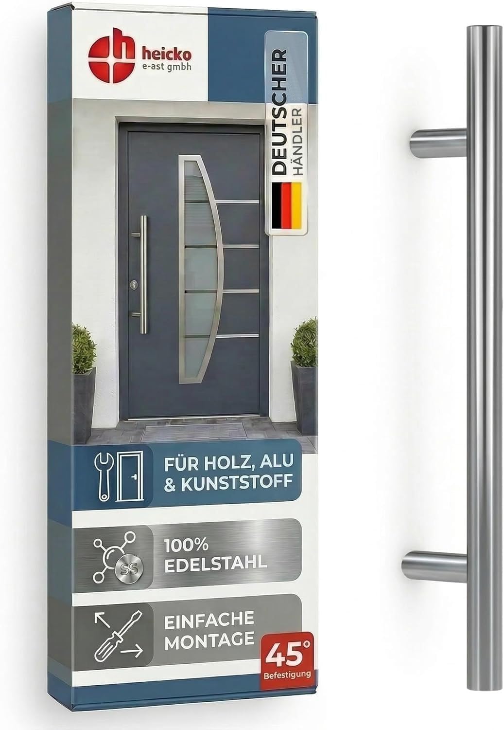 h heicko Vanessa Edelstahl Stoßgriff mit 45° Stützen – Haustürgriff Edelstahl matt gebürstet – Türgriff für Haus- & Schiebetüren – L = 320 mm/A = 200 mm – inkl. Montagematerial