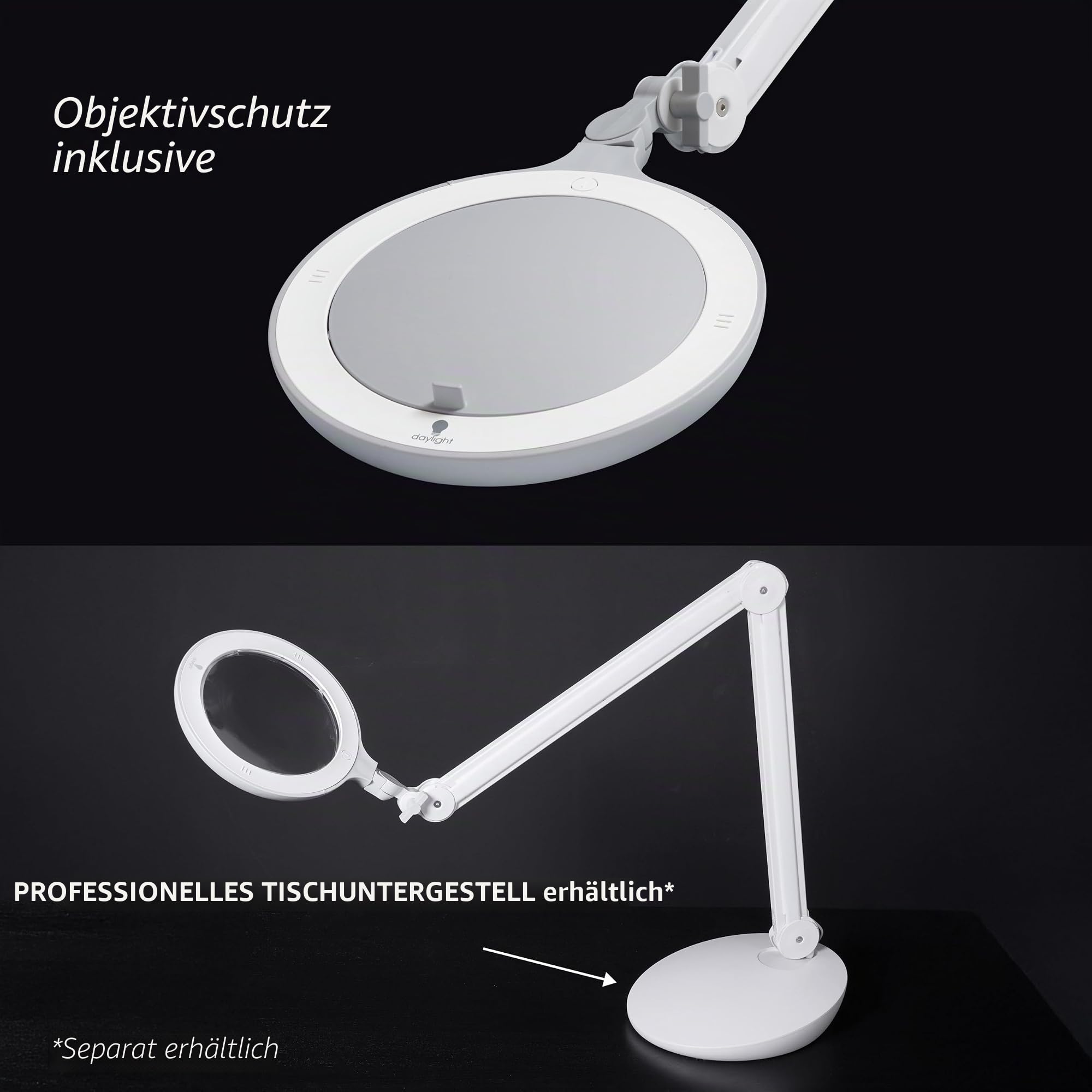 Daylight Omega 5™ Premium LED Lupenleuchte – Austauschbare Glaslinsen, Verstellbarer Arm & Dimmer, Lupenlampe für Gesundheit & Beauty, Nagelstudio, Tattoo, Sehschwäche & Profi-Einsatz, Weiß