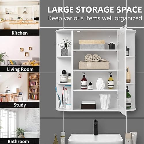 Miniatura 7 de Botiquín de baño con espejo, armario de almacenamiento de baño montado en la pared con puertas dobles y estante ajustable, gabinetes de