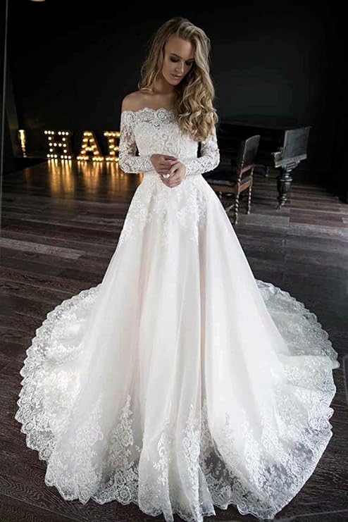 off the shoulder lace wedding dress