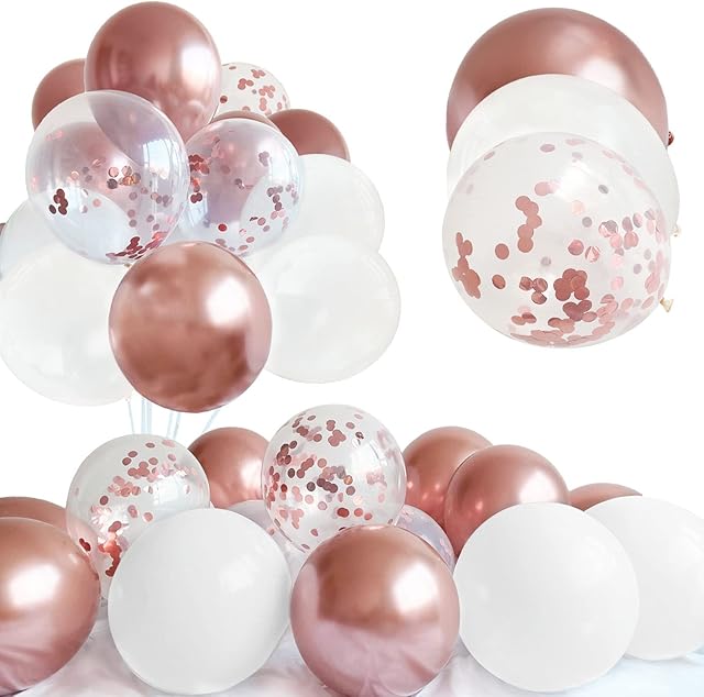 Rose Gold Confetti Balloons 25 Pack 12 inch White and Metallic Rose Gold Balloons Set for Weddings Graduation Party Anniversaries Baby Showers and Birthday Party Decorations