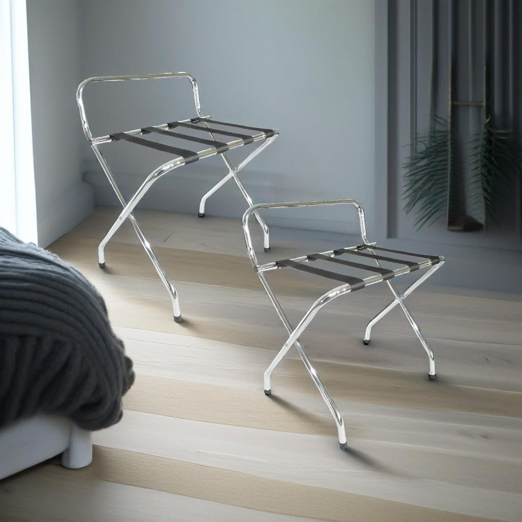 USTECH Luggage Rack-Single Tier with High Back, Chrome, Fully Asssembled, Foldable Rack for Guest Room (Pack of 2)