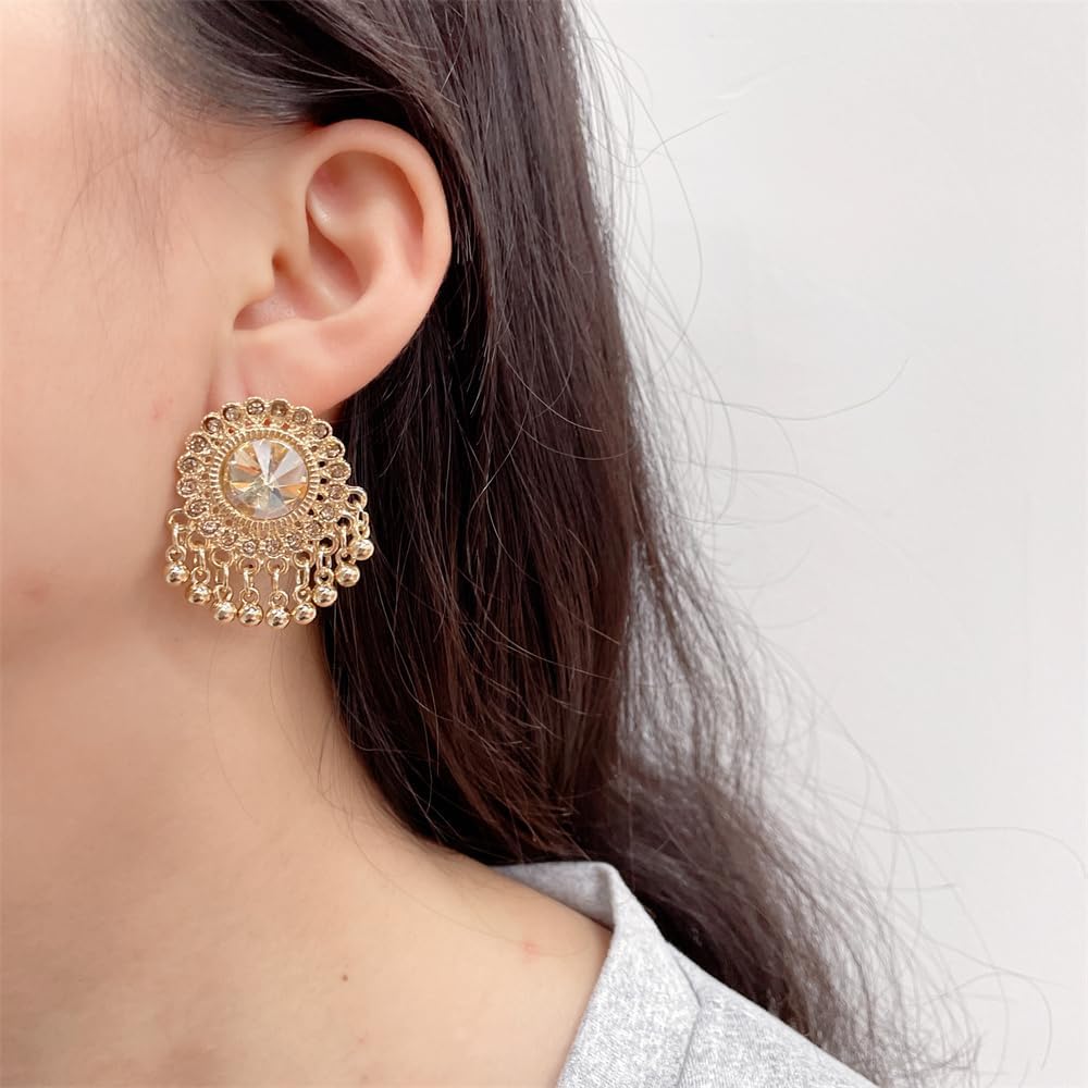 Vintage Round CZ Beaded Tassel Statement Dangle Drop Earrings for Women Gold Plated Sparkly Crystal Ethnic Retro Style Indian Chandelier Dangling Stud Jhumka Festival Trendy Jewelry - Image 5
