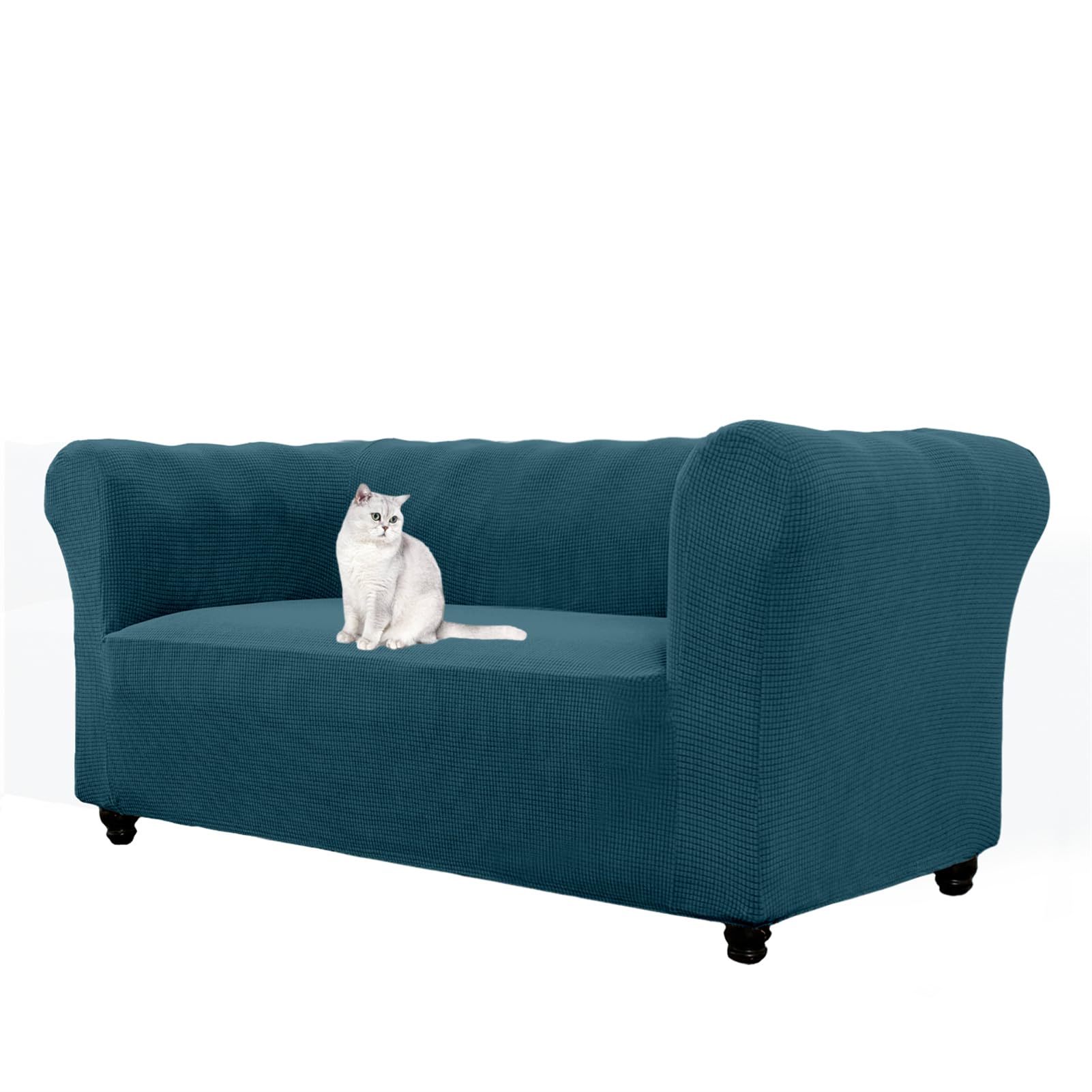 WJHDWYD Jacquard Stretch Chesterfield Sofa Cover, 1 2 3 Seater Sofa Cover with Armrests for Living Room, Non-Slip, Soft, Protector for Curved Furniture and Sofas(Deep Teal,2 Posti)