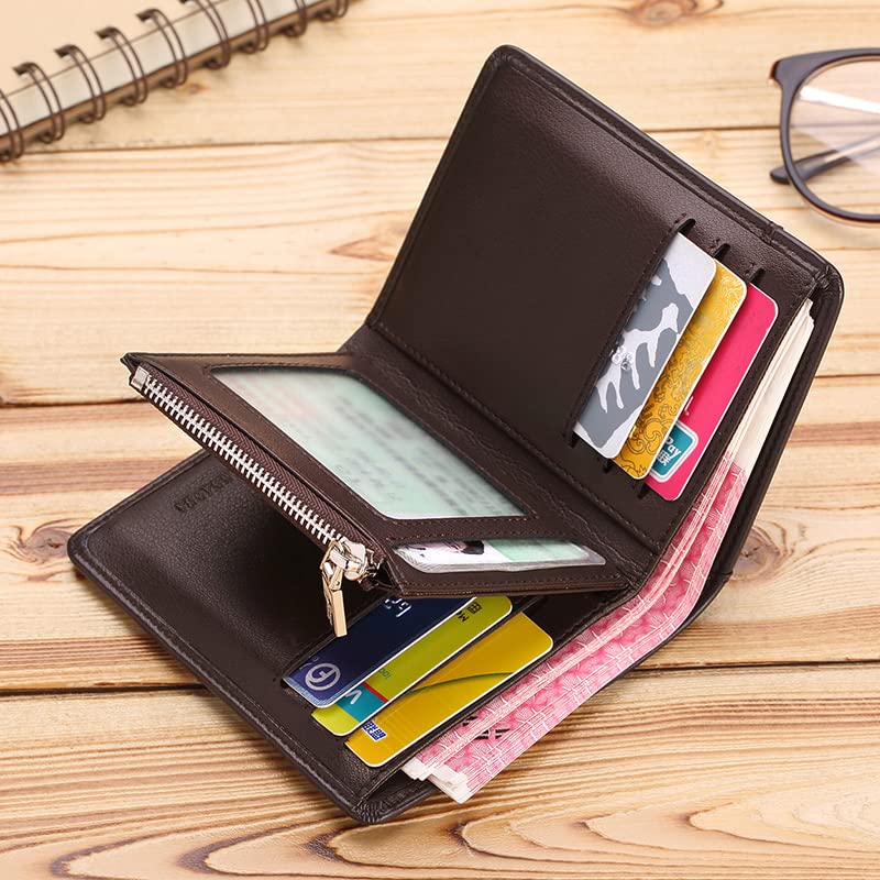 VANNANBA Small Wallet with Zipper Genuine Leather RFID Blocking Credit Card Wallet with Coin Pocket Bifold Wallets, Gift for Men(Brown)2