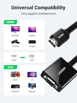 Ugreen HDMI VGA cable adapter HDTV Active audio transmission over 1080p Converter for Kabel PC Laptop, Chromebook, Raspberry Pi 40248