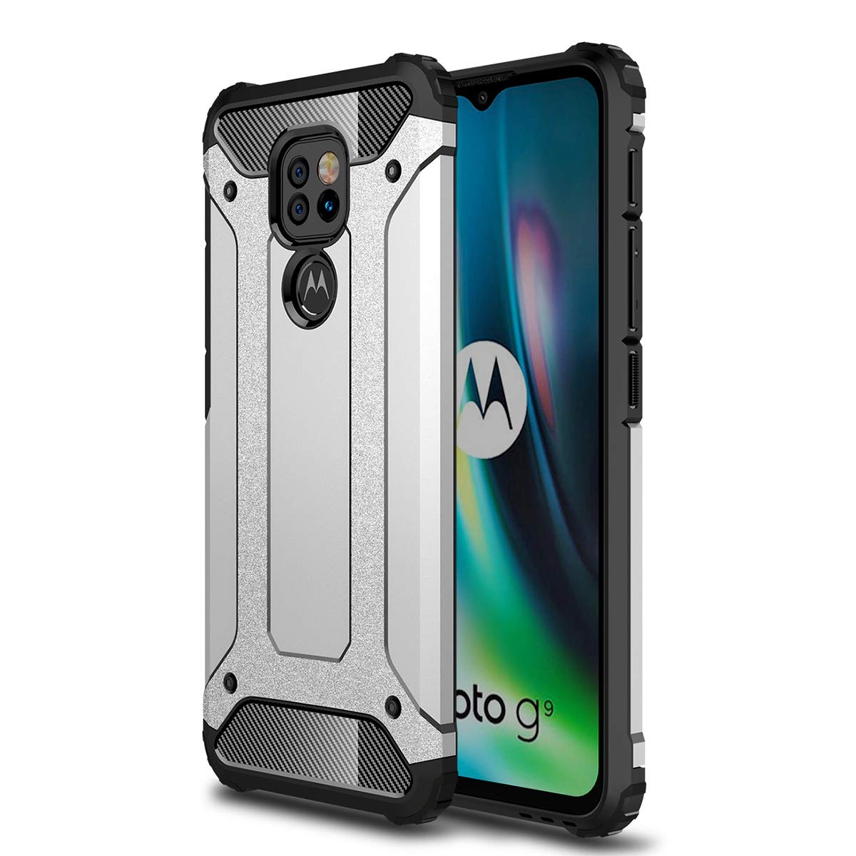 SULIAN Case for Motorola Moto G9 Play, Soft TPU Bumper Hard PC Back Cover Dual layer Protection Shockproof Case for Motorola Moto G9 Play (6.5 inch) - Silver