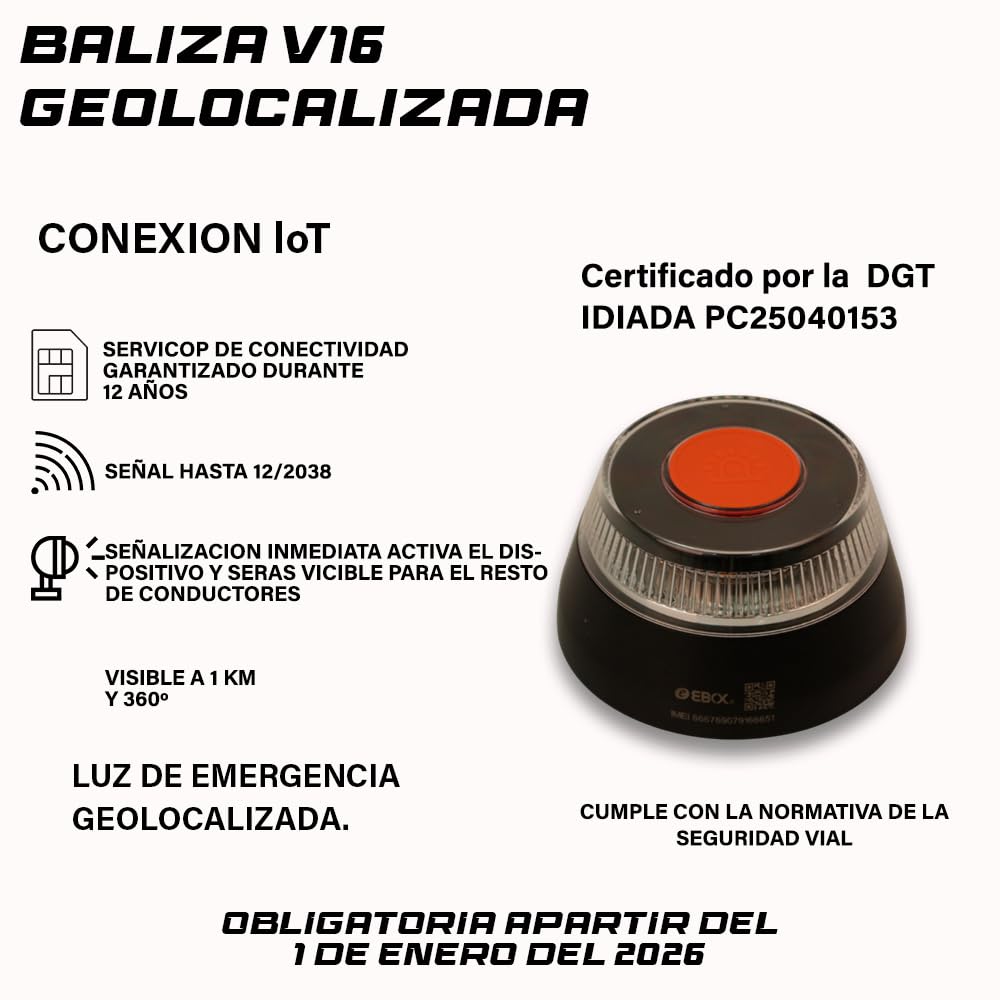 M MODAUTO Luz Emergencia V16 Homologada por la DGT con Geolocalización, Baliza V16 Conectada DGT 3.0, V16 Homologada DGT. Datos Incluidos señal hasta 12/2038 (NEGRO, 1-Unidad)