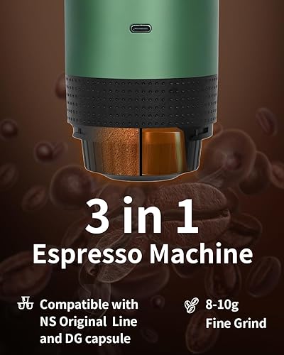 Miniatura 2 de Máquina eléctrica portátil de café expreso, cafetera de viaje compatible con café molido y cápsulas NS (verde con pantalla LCD)