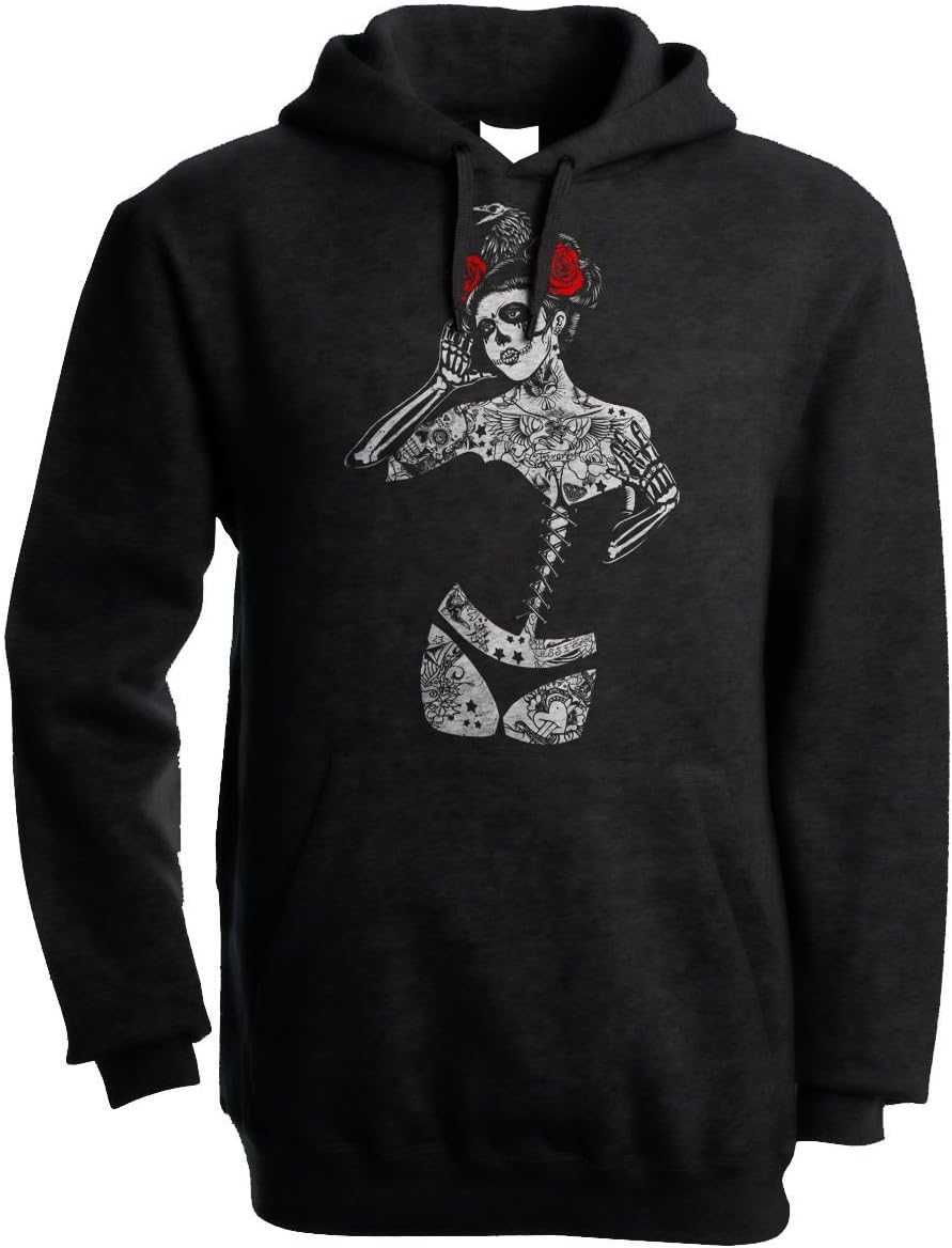 Tribal T-Shirts Black Crow Sugar Skull Girl Men's Pouch Pocket Hoodie Hooded Sweatshirt