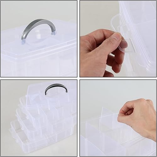 Miniatura 4 de Caja de almacenamiento apilable de 3 capas con 30 rejillas, caja organizadora de compartimentos transparentes para cuentas, cinta, tornillos