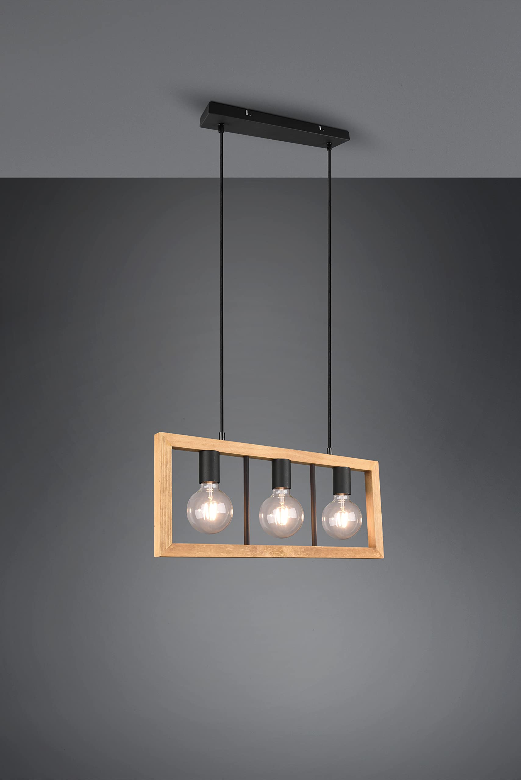 TRIO, Suspension, Agra 3xE27, max.10,0 W Bois naturel, couleur de bois, Corps: Métal, noir mat L:60,0cm, L:8,0cm, H:150,0cm IP20,Sans illuminant,Réglable en hauteur