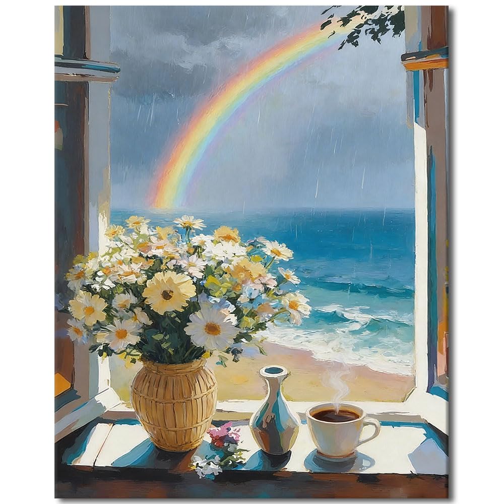 TISHIRON Paint by Number Kits for Adults, Adult Paint by Numbers - Window View with Flowers in Vase, Coffee Cup & Ocean, Coastal Decor Canvas Art Crafts Kit(16x20 Inch)