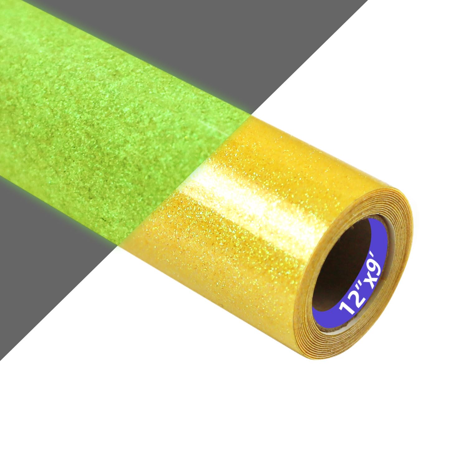 HTVVETUR Glitter Gold Heat Transfer Vinyl, Glow in The Dark HTV Vinyl Roll 12" x 9ft, Easy to Cut &amp; Weed for Heat Press DIY Craft
