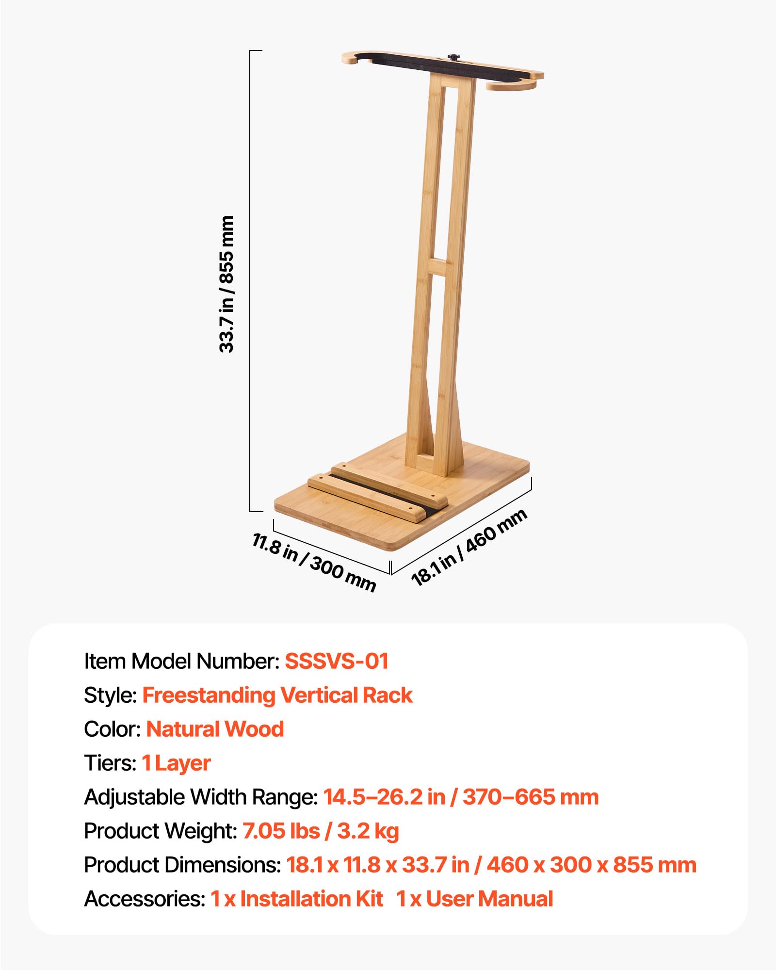 VEVOR Soporte Vertical para Tablas de Surf, Soporte de Madera para Tablas de Surf Ajustable de 370 a 665 mm, Organizador de Tabla Independiente con Relleno de Corcho, para Wakeboard, Snowboard