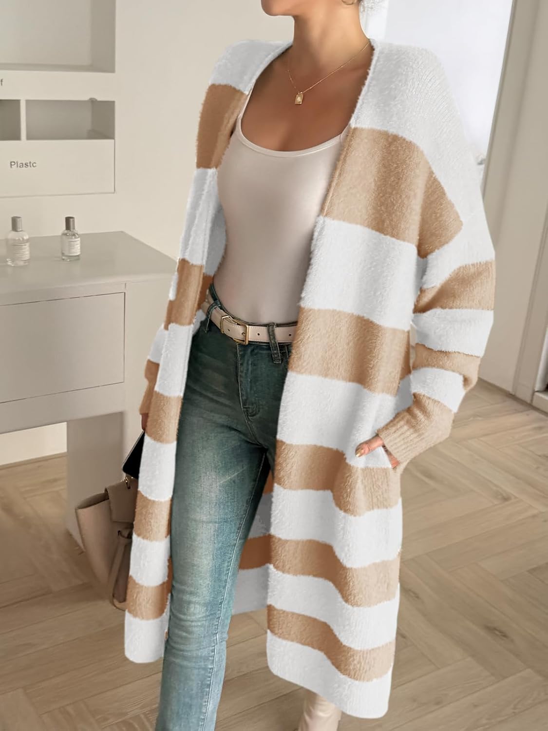 Saodimallsu Womens Striped Long Cardigan Sweaters Open Front Oversized Chunky Fuzzy Knit Fall Duster Sweater Coats