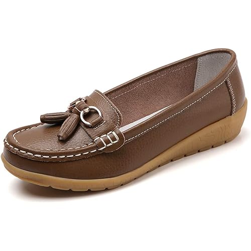 Women Loafers Leather Rubber Sole Slip On Walking Flats Casual Moccasin Boat Shoes