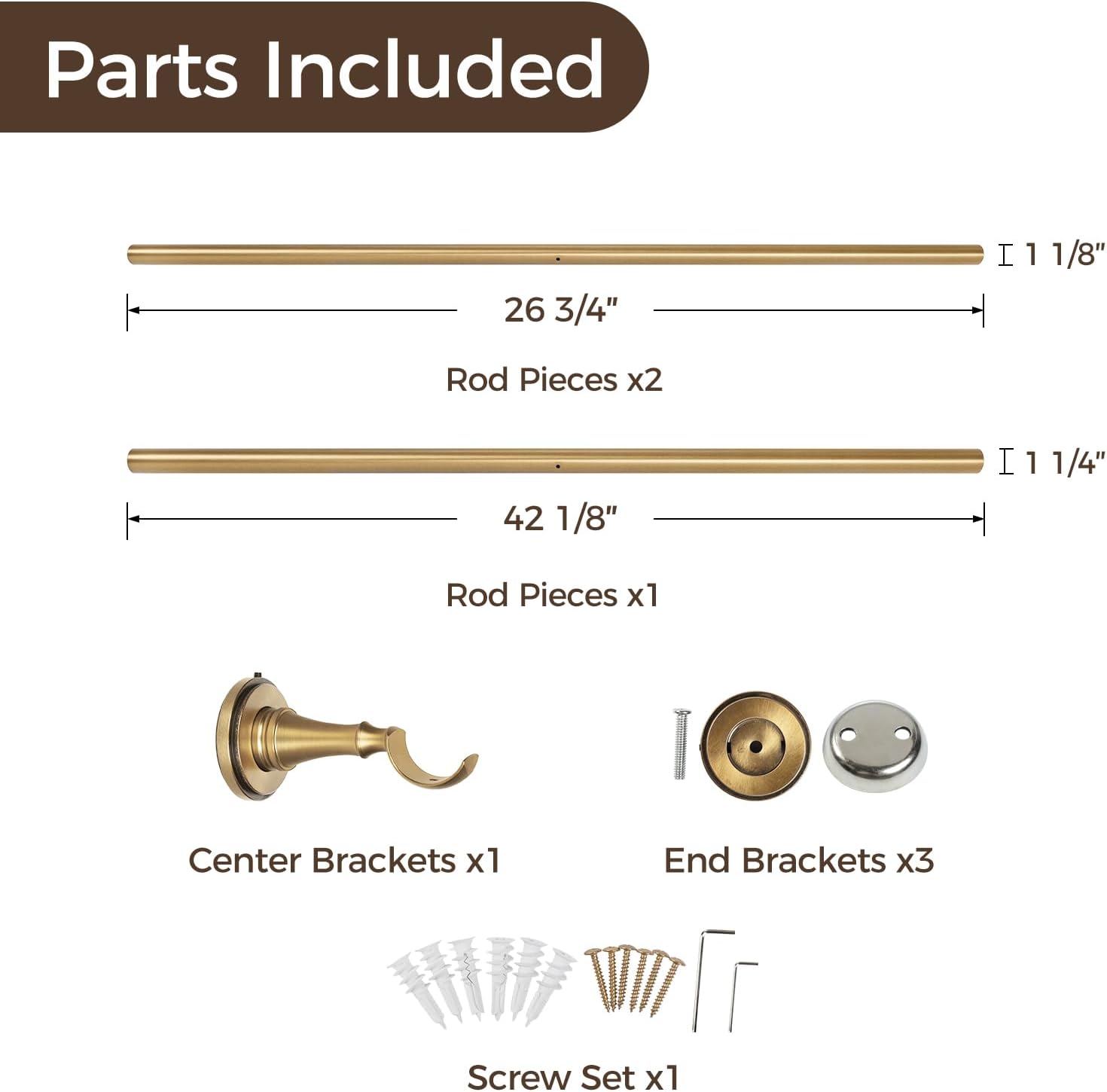 TWOPAGES Gold Wrap Around Curtain Rod for Windows 48 to 84 Inches, 1.25" Heavy Duty Adjustable Room Darkening Drapery Rod, Burnished Brass