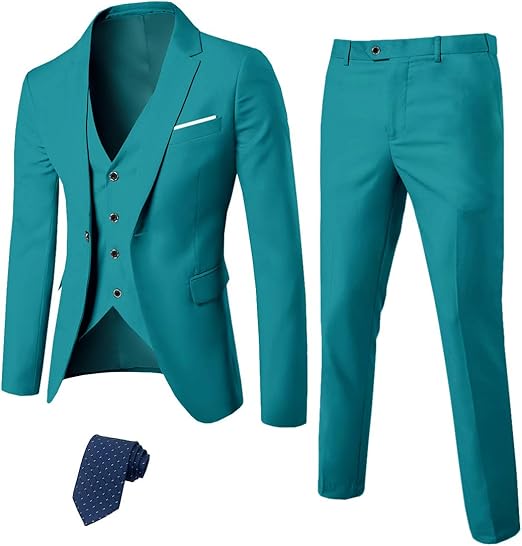 MYS Men's 3 Piece Slim Fit Suit Set, One Button Solid Jacket Vest Pants with Tie Natural White